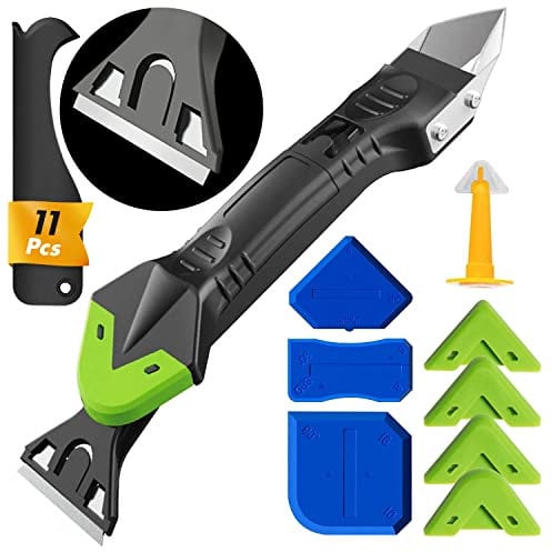 FOLAI Silicone Sealant Tool Finishing, Caulking Kit 5 in 1, Remover Stainless Head&5 Replace Silicone&4 Grout Scrapers Pads Kitchen, Bathroom, Wall, Floor, Tile, Gray…