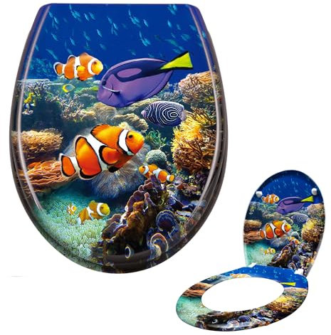 Suusolny Abattant de WC avec système d'abaissement automatique en Duroplast et siège de toilette en acier inoxydable - Taille universelle - Poissons d'eau douce