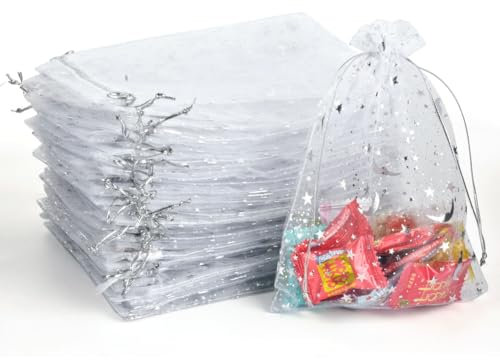 CLTPY 100 Stück Organzasäckchen 17x23cm Weiße Organzabeutel mit Stern und Mond Geschenksäckchen, Organza Säckchen zum Befüllen, Kordelzug Schmuckbeutel, Weihnachtstüte Hochzeiten Parteien