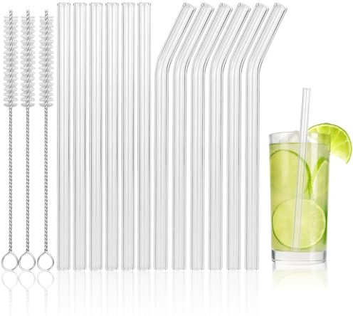 Reusable Glass Straws - Pack of 12: 6 Curved & 6 Straight (15cm) with 3 Cleaning Brushes - Perfect for Bubble Tea, Cocktails & Juices