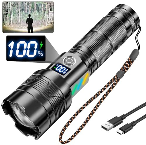 NAKCNM Torches LED Super Bright, LED Flashlight Torch Rechargeable LCD Display High Powered Hand Torch 5 Modes Adjustable Focus Waterproof Power Bank with Fluorescent Lines