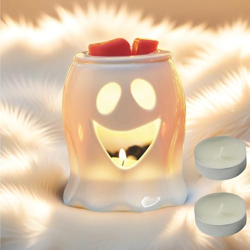 Ghost Wax Melt Warmer, Ceramic Essential Oil Burner with Candle Spoon & 2 Tealights, Cute Halloween Decor for Home, Aromatherapy Gift Set for Women friend, Housewarming