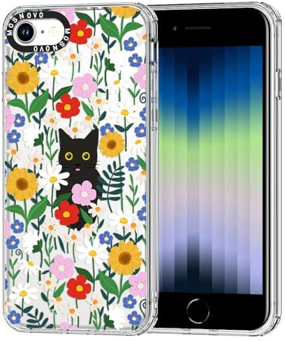 MOSNOVO für iPhone SE/iPhone 8 / iPhone 7 Hülle – Durchsichtige, schlanke, stoßfeste TPU+PC-Handyhülle, [6,6 Fuß Fallschutz/Anti-Abziehen] - Schwarze Katze im Garten