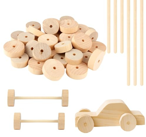 Xishoyen 40 Stück Holzrad Holzstäbe Set, Unfertige Holzräder, 2,8 cm und 3,5 cm Holz-Bastelräder mit Holzstäbchen, Mini Holzscheibe mit Löch für DIY Handwerk Malerei Basteln, Modellautos