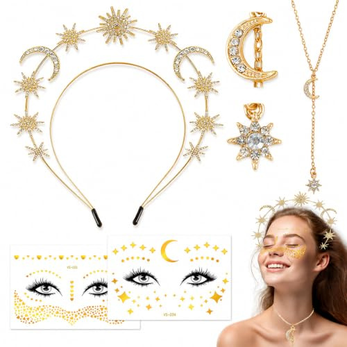 MACULPER Haarreif Sterne,Fasching Haarreif für Damen | Halloween Kopfschmuck,Stern Kostüm Damen mit Gesichtstattoo,Sonne Mond Sterne Kostüm, doppellagiges sternförmiges Stirnband