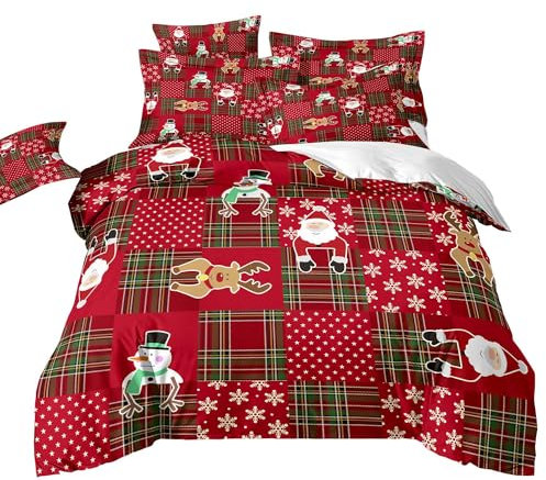 VOGIAY Housse de Couette 220x240 2 Personnes Renne Parure de Lit Carreaux Rouge Vert Adulte avec 2 Taies d'oreiller 65x65 cm Cadeau Fête Anniversaire Noël