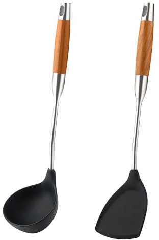 FJNATINH Pfannenwender Silikon Set für die Küche, Silicone Heat Resistant Spatulas und silikonlöffel for Nonstick, rostfreier Stahl und Holzgriff in einem!,Silikon küchenhelfer,2 Stück