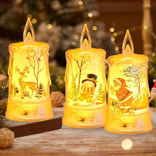 Hekasvm 12 Stück LED Kerzen, Flammenlose LED Teelichter, Weihnachtsdeko Kerzen, LED Wachskerzen im Glas, Weihnachtskerzen mit Motiv,Warme Weiße (3 Stück)