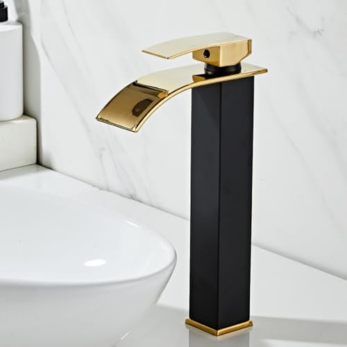 XJTNLB Waschtischarmatur Wasserfall Schwarz+Gold Badarmatur Waschbecken Aus Messing Einhebel Wasserhahn mit Kaltes & Heißes Wasser Hoch