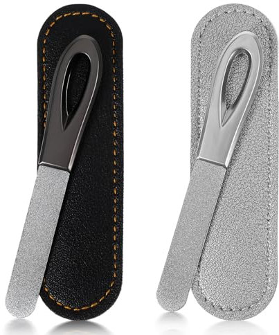 Nail File Set, 2Pcs Mini Metal Nail Files with Leather Cases, Stainless Steel Nail Files for Men, Travel Size Nail Files for Acrylic and Gel Nails (1 Black/1 Silver, 3.9 Inch)