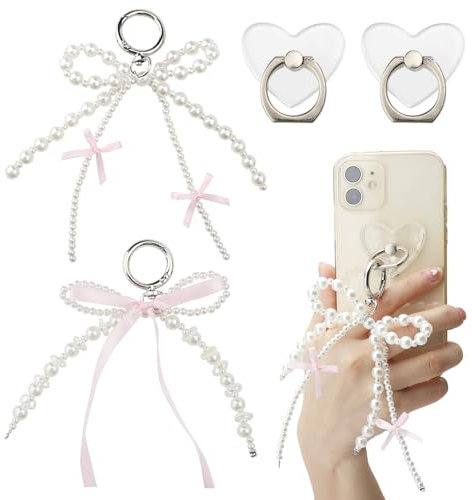 HENGBIRD 2 Stück Perlenschleifen-Schlüsselanhänger und 2 Halterung für Mobiltelefon, Anhänger Tasche Schlüsselanhänger Perlen Y2K Phone Charm Handgelenk Armband Anhänger für Taschen Handys Haushalt