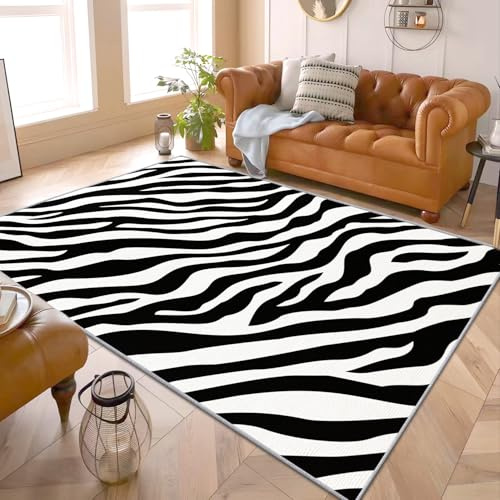 Zebra Muster Teppich - Teppich Wohnzimmer Schlafzimmer Schwarz Weiss Tiermuster, Kleiner Teppich Zebra Streifen, Weich Kurzflor & Waschbar & Rutschfest Fussmatte Innen, Kinderteppich 80x150 cm