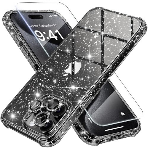 BERFY for iPhone 15 Pro Max Case Glitter, with 9H Tempered Screen Protector + 3X Diamond Camera Lens Protectors, [Non-Yellowing] Women Clear Sparkly Cute Bling Hard Shockproof Cover 6.7, Shiny Black
