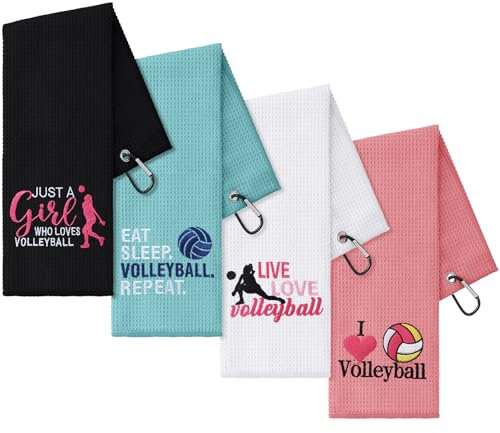 VitalCozy Lustiges Volleyball-Handtuch, 40,6 x 61 cm, bestickte Schweißtücher mit Clip, Workout, Handbad, Strandzubehör, Volleyballspieler, Sport-Team-Geschenke, Partygeschenke für Frauen, 4 Stile