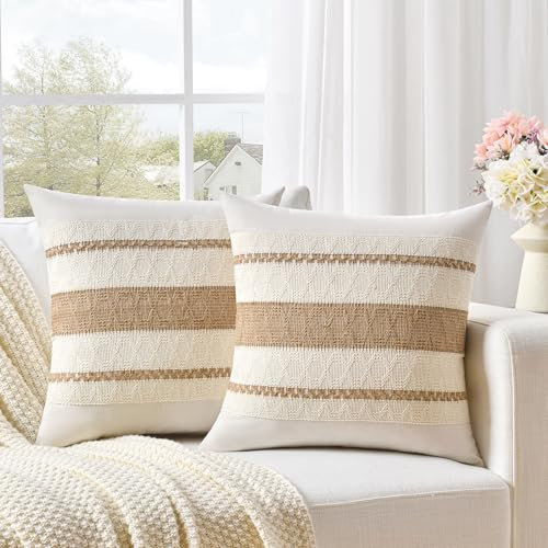 FDTERN 2er Set Boho Kissenbezug 40x40 Neutral,Dekorative Leinen Kissenbezüge Kissenhülle Dekokissenbezug Sofakissen Dekokissen Deko für Sofa Schlafzimmer Wohnzimmer