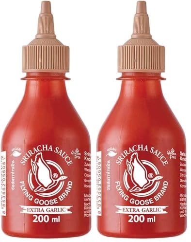 FLYING GOOSE Sriracha scharfe Chilisauce mit extra Knoblauch - scharf, braune Kappe, Würzsauce aus Thailand, 2er Pack (1 x 200 ml)