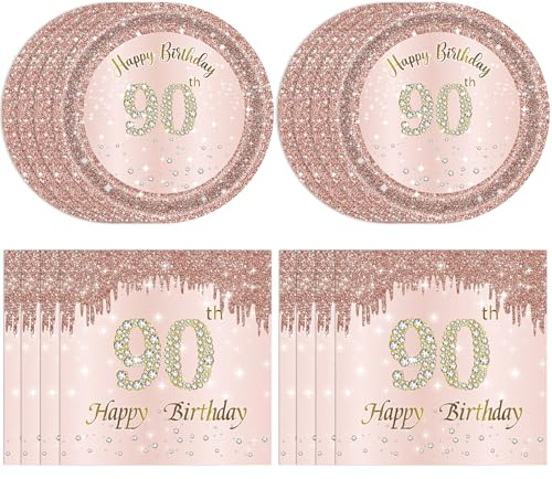 Juhap 90th Birthday Decorations, Rose Gold Birthday Party Supplies Include 20Pcs Plates 20Pcs Napkins Sweet Ninety Year Old Party Tableware for Girl Ladies Women