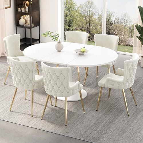 Azkoeesy Lot de 6 chaises de salle à manger, de cuisine, rembourrées, avec pieds en métal et protection du sol, en velours, beige/pieds dorés, 47 x 49 x 85 cm