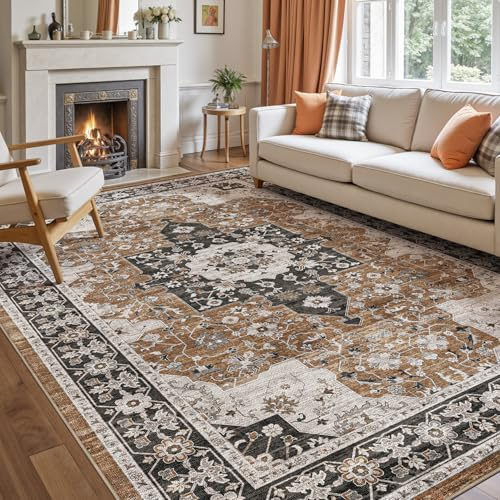 DEXI Teppich Wohnzimmer 152x244cm, rutschfest Vintage Wohnzimmerteppich Waschbar Kurzflor Bettvorleger Teppiche für Schlafzimmer, Esszimmer, Büro, Braun