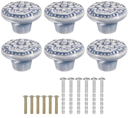 sourcing map Keramikknäufe, 34 mm, Blumenmuster, Pilzknauf, Schubladengriff, Vintage-Stil, Schrankknäufe mit Schrauben für Schminktisch, Schlafzimmer, Möbel, Schrank, Grau, 6 Stück