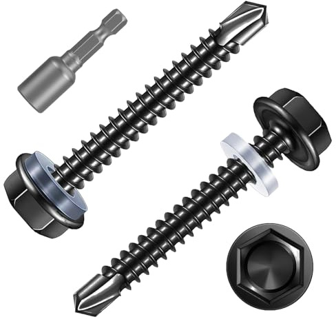FandWay 30 Pièces Vis Autoforeuse Metal Noir,M6,3x50mm Vis à Tôle Autotaraudese à Tete Hexagonale avec Rondelle et Autoperceuse Autoperforante Inox 410 avec 1 Bits pour Aluminium Bois Plastique.