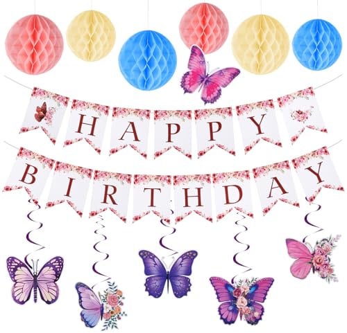 Geburtstagsdeko, Happy Birthday Girlande Schmetterling Deko Geburtstagsgirlande Wabenbälle Schmetterlinge Hängende Wirbel Lila, Wiederverwendbare Party Deko für Frauen Mädchen