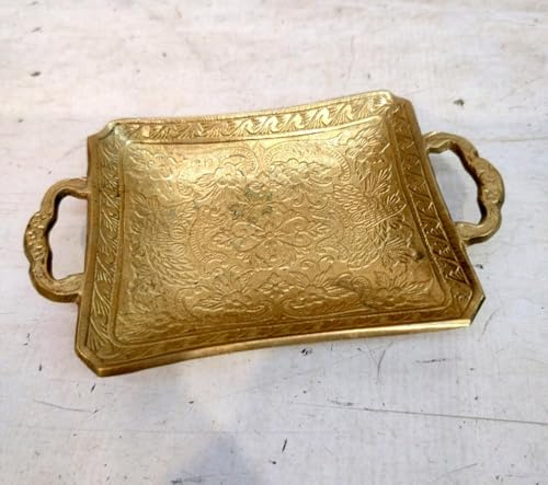 RK NAUTICAL INSTRUMENT Vintage Decorative Brass Serving Tray, Handmade Ornate Design with Handles, Small Collectible Utility Plate