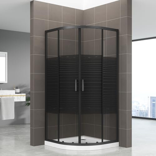 TIBYBLACK Cabine de douche 1/4 de cercle 80 x 80 cm + receveur, portes coulissantes verre sérigraphié ligne noire 6 mm H.190 cm