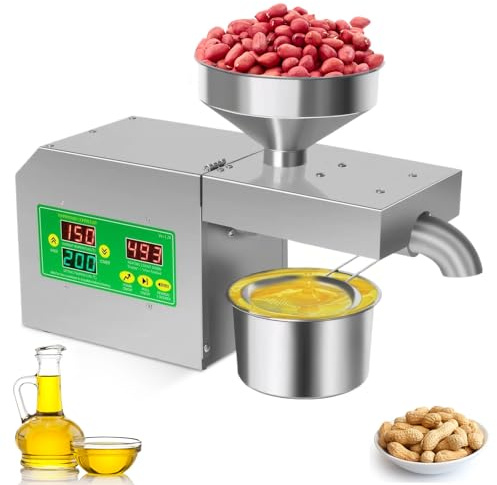 Automatische Ölpresse, 820 W Edelstahl-Ölpresse, einstellbare Temperatur von 40 bis 240 °C, Heiß- und Kaltpressung für Leinsamen, Erdnüsse, Sesam, Sonnenblumenkerne, gewerblicher und privater Gebrauch