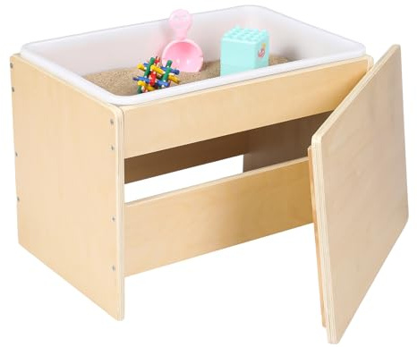 DoubleFill Wooden Sensory Table with Lid for Toddler with White Plastic Bin Sand and Water Table for Kids, Outdoor Learning Sensory Tray for Picnic Outdoor Classroom Backyard