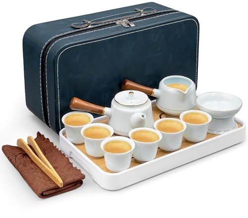 YFNVH Japanisches Teeservice für 6, Tragbares Chinesisches Gongfu-Teeset 14 Stück Porzellan Teekanne Set Gongfu Teeservice inklusive Teetablett und Sieb für zu Hause,als Geschenk,Büro