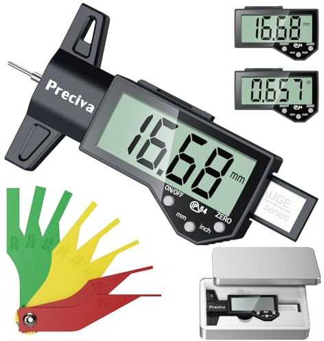 Preciva Digital Tyre Tread Depth Gauge UK & Brake Pad Measuring Tool Kit with Large LCD Screen, 0.01mm Accuracy, 0-25.4mm / 1in Range, Car Tool Include 2 Battary