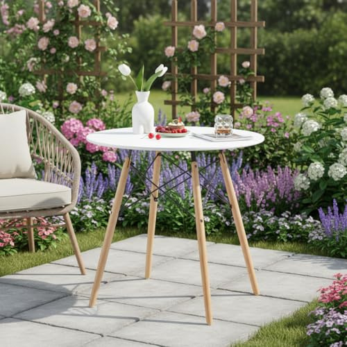 FURNITABLE Gartentisch Balkontisch rund Holz 80 cm weiß – Robuster, Outdoor Esstisch für Terrasse & Café