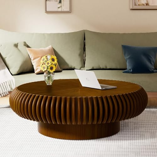 WUPDPQS Runder Couchtisch, Walnuss, 100cm | Für Wohnzimmer, Holz Geriffelter, Trommelform, Mid-Century-Stil, Niedriger Kaffetisch, Für Kleine Räume