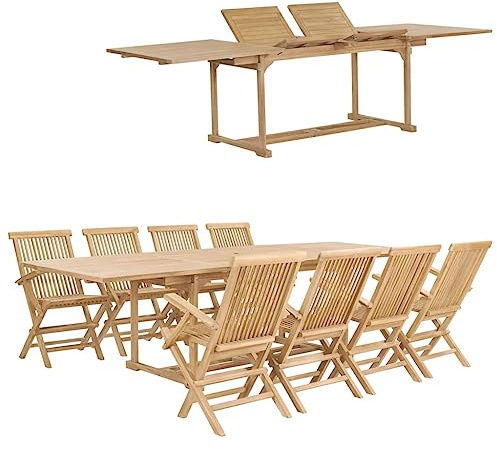 Bucmath 9-TLG. Garten-Essgruppe, 180-280 x 100 x 75 cm, Teak Massivholz, ausziehbarer Tisch, 8 Klappstühle, witterungsbeständig, für Terrasse und Balkon