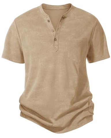 Voqeen Mens Henley T Shirt Summer Short Sleeve Cotton T-Shirts Grandad Collar Shirts Regular Fit Casual Tops with Buttons Tee for Men Beige