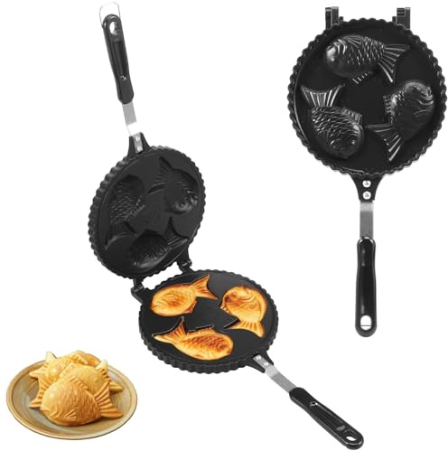 Taiyaki Fish Mold Non Stick Waffle Iron Baking Mold Aluminium Alloy Fish Shape Pan Cake Bakeware for Kitchen Restaurant Camping Traveling(3 Fish)