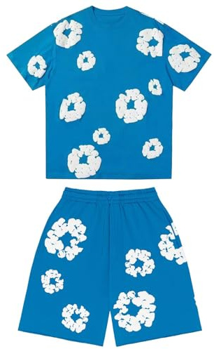 TianWlio Set di 2 pezzi da uomo e bambino, t-shirt e pantaloncini estivi, stampa floreale, Y2K, Hip Hop Streetwear a maniche corte, pantaloncini larghi da jogging con tasche