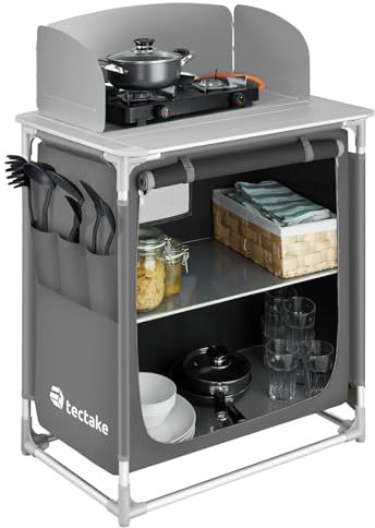 TecTake® Cocina de Camping Plegable, Ligera, con Bolsa de Transporte, Accesorios de Cocina, Mesa Plegable Camping, Armario Cocina Camping, Mueble Cocina Camping, Mesa de Camping - Gris