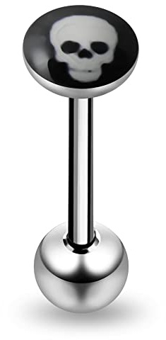 Monster Piercing Zungenpiercing Intimpiercing | 316L Chirurgenstahl | Totenkopf | Stabstärke: 14G (1,6 mm) | Stablänge: 16mm | Hypoallergen