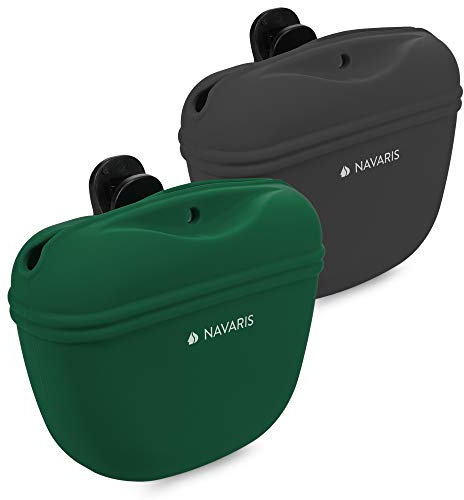 Navaris Silicone Dog Treat Pouch - Training Pet Puppy Bag Pocket Snack Treat Food Holder with Clip for Belt for Dog Walks - Set of 2, Green, Grey