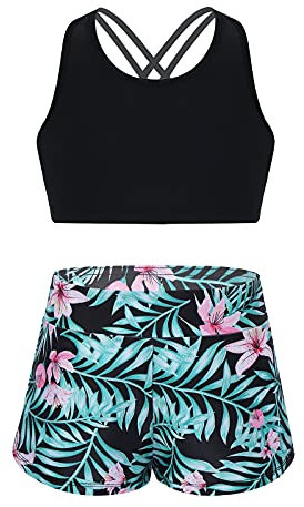 Alvivi Mädchen Bikini Tankini Set Tank Top+Shorts Zweiteiler Badeanzug Bademode Kinder Badebekleidung Schwimmanzug Gym Yoga Sport Set Gr.98-176 A Schwarz&Grün 146-152