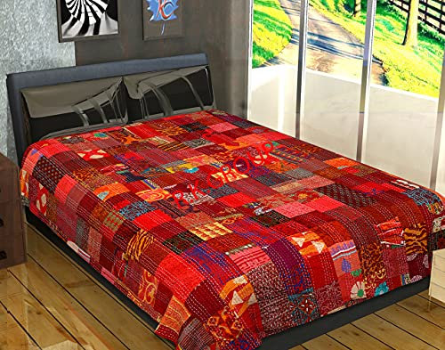 Flyingasedgle Indische Seide Patola Patchwork Kantha Quilt Handgemachte Vintage Quilts Boho Twin/King Size Bettwäsche Überwurf Decke Tagesdecke Quilten Hippie Quilts rot, 228,6 x 274,3