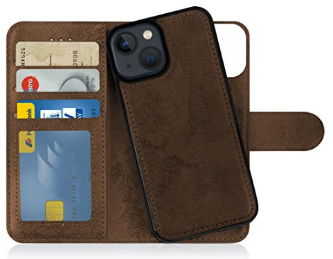 MyGadget Flip Case for iPhone 13 Mini - [ Removable Magnetic Cover ] - PU Leather Phone Case - [ Cover with Card Slot ] Protective Shell in Brown