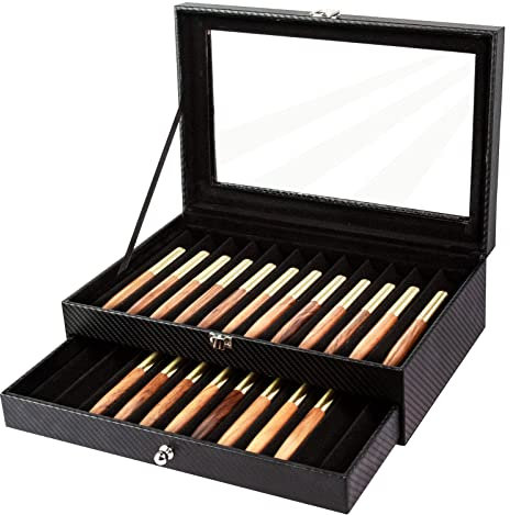 Cokritsm Stift Display Box Leder Mit Schublade 24 Stift Schwarze FüLlfederhalter-Organisationsbox, Aufbewahrungsbox Mit Deckel, Vitrine Mit 2 Ebenen, Vitrine FüR FüLlfederhalter-Sammlung