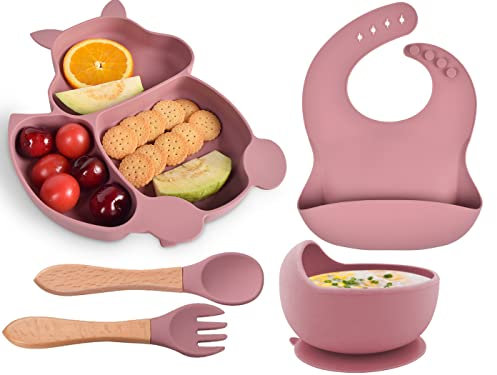 Hoseay Baby Geschirrset Silikon 5 Stücke Rutschfest Kindergeschirr Set Baby Teller mit Saugnapf Schüssel Lätzchen Löffel Gabel Abwaschbar BPA Freie Baby Essen Set für Kleinkinder Mädchen, Rosa