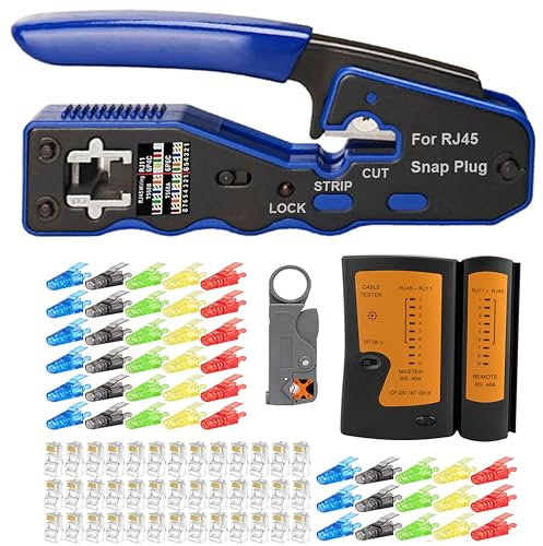 MAYLINEE Juego de herramientas de red RJ45 RJ11 Cat5 Cat6 Crimpadora Cable Tester Kit de Reparación Herramientas de Reparación de Pelacables, Crimpadora Set de Mantenimiento LAN Punch Down (Rojo)