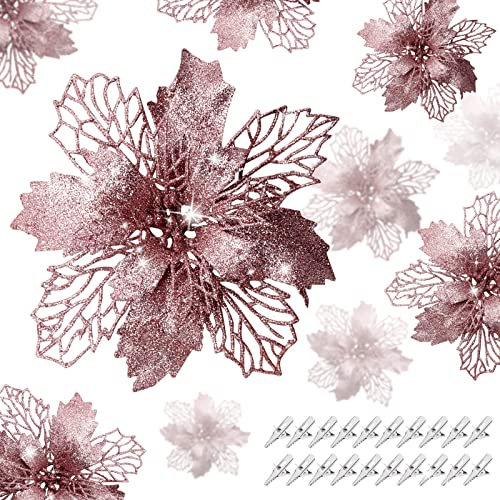 YSUVIN Weihnachtsblumen dekorieren, 20 Stück Christbaumschmuck Glitter Poinsettia, Künstliche Blumen Weihnachten mit 20 Stück Clips für Weihnachten Hochzeitsfeier Neujahr, Roségold(15cm & 11cm)