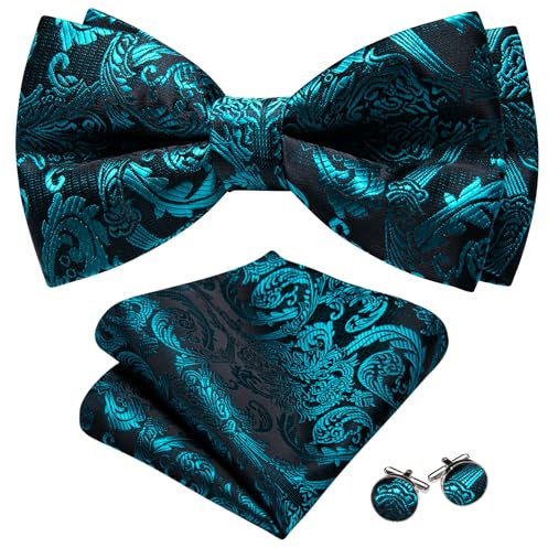 Barry.Wang Mens Turquoise Bow Tie Paisley Silk Pre-Tied Bowtie Pocket Square Cufflinks Set Formal Wedding Prom Party Tuxedo