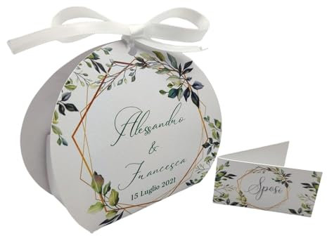 PV Grafik® Scatoline portaconfetti matrimonio personalizzate – 24+24 scatolette tonde botaniche con nastro e bigliettini – stampa nomi data frase – nozze green eleganti – Made in Italy (M01)